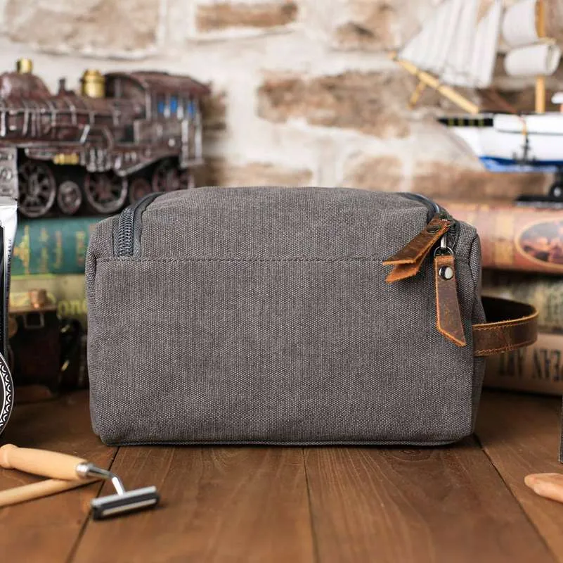 Groomsmen Gifts - Toiletry Bag, Dopp Kit, Brown Leather and Gray Canvas with Flip Top Open, Best Man, Groomsman, Wedding Gift,Christmas gift