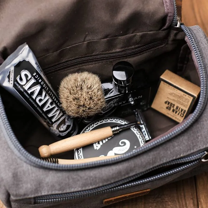 Groomsmen Gifts - Toiletry Bag, Dopp Kit, Brown Leather and Gray Canvas with Flip Top Open, Best Man, Groomsman, Wedding Gift,Christmas gift