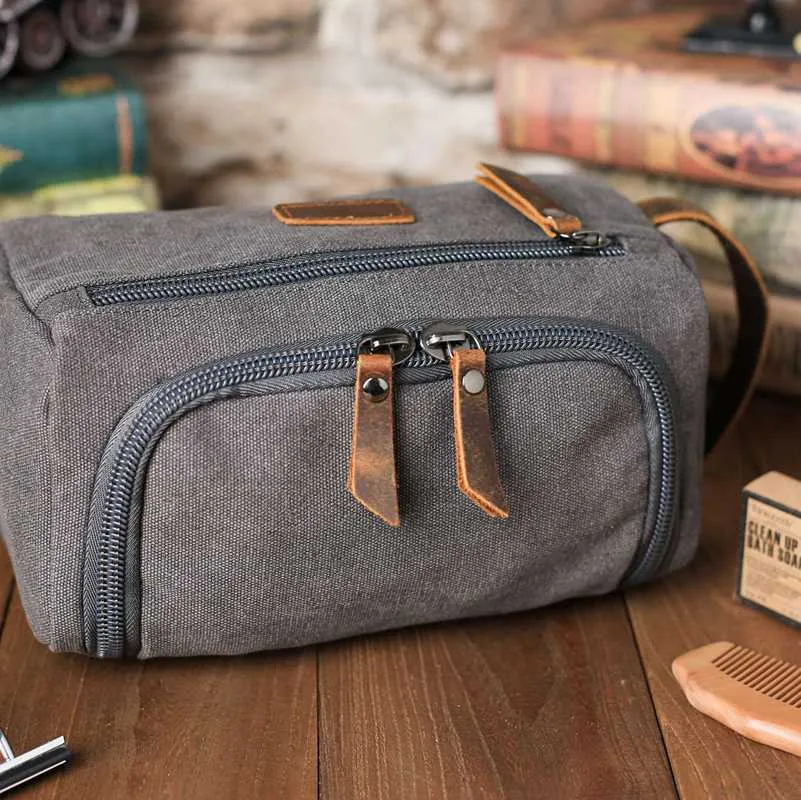 Groomsmen Gifts - Toiletry Bag, Dopp Kit, Brown Leather and Gray Canvas with Flip Top Open, Best Man, Groomsman, Wedding Gift,Christmas gift