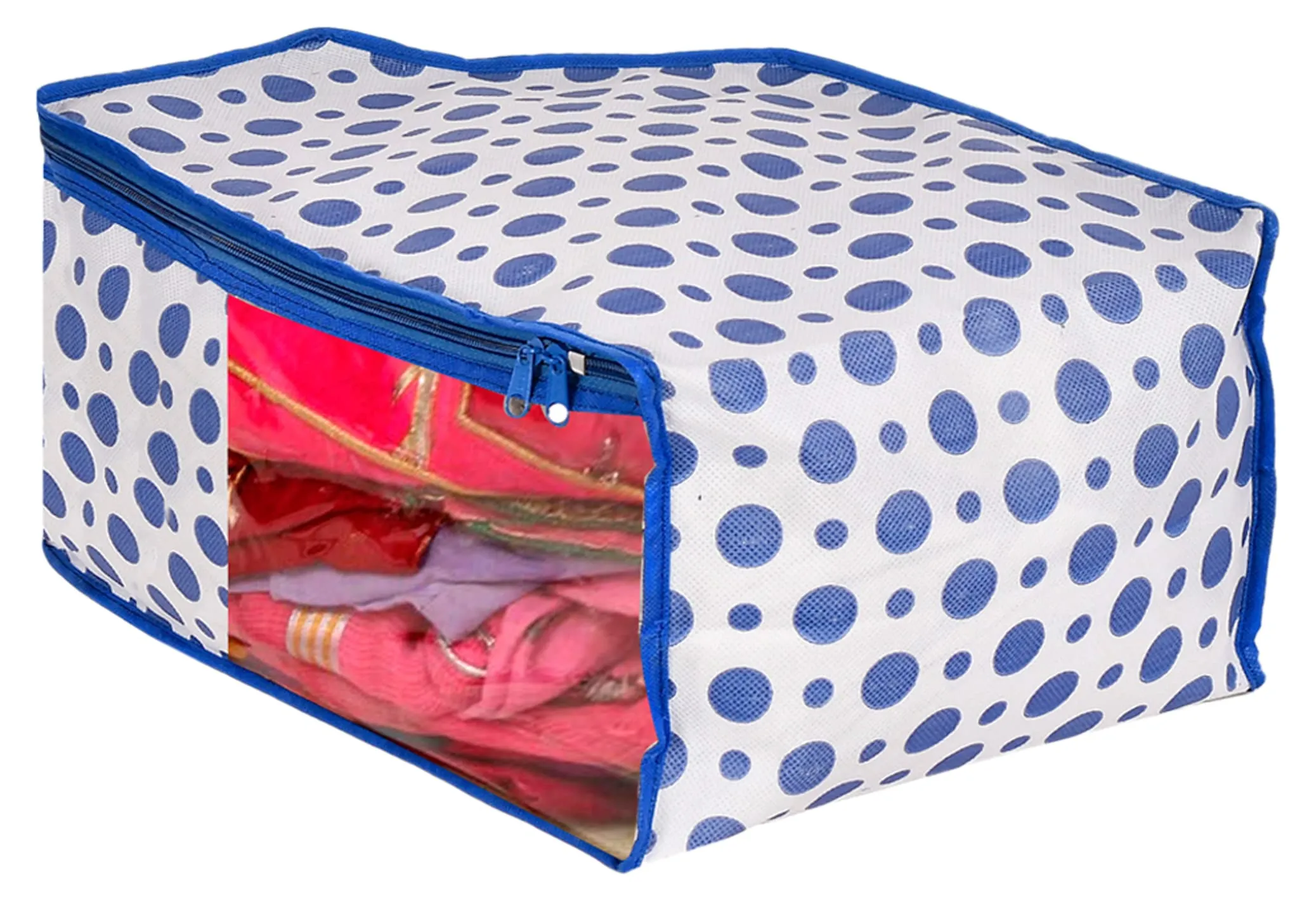 Heart Home Dot Printed Non-Woven Blouse Cover, Cloth Organizer, Wardrobe Organiser With Tranasparent Window- Pack of 3 (Blue)-46HH0306