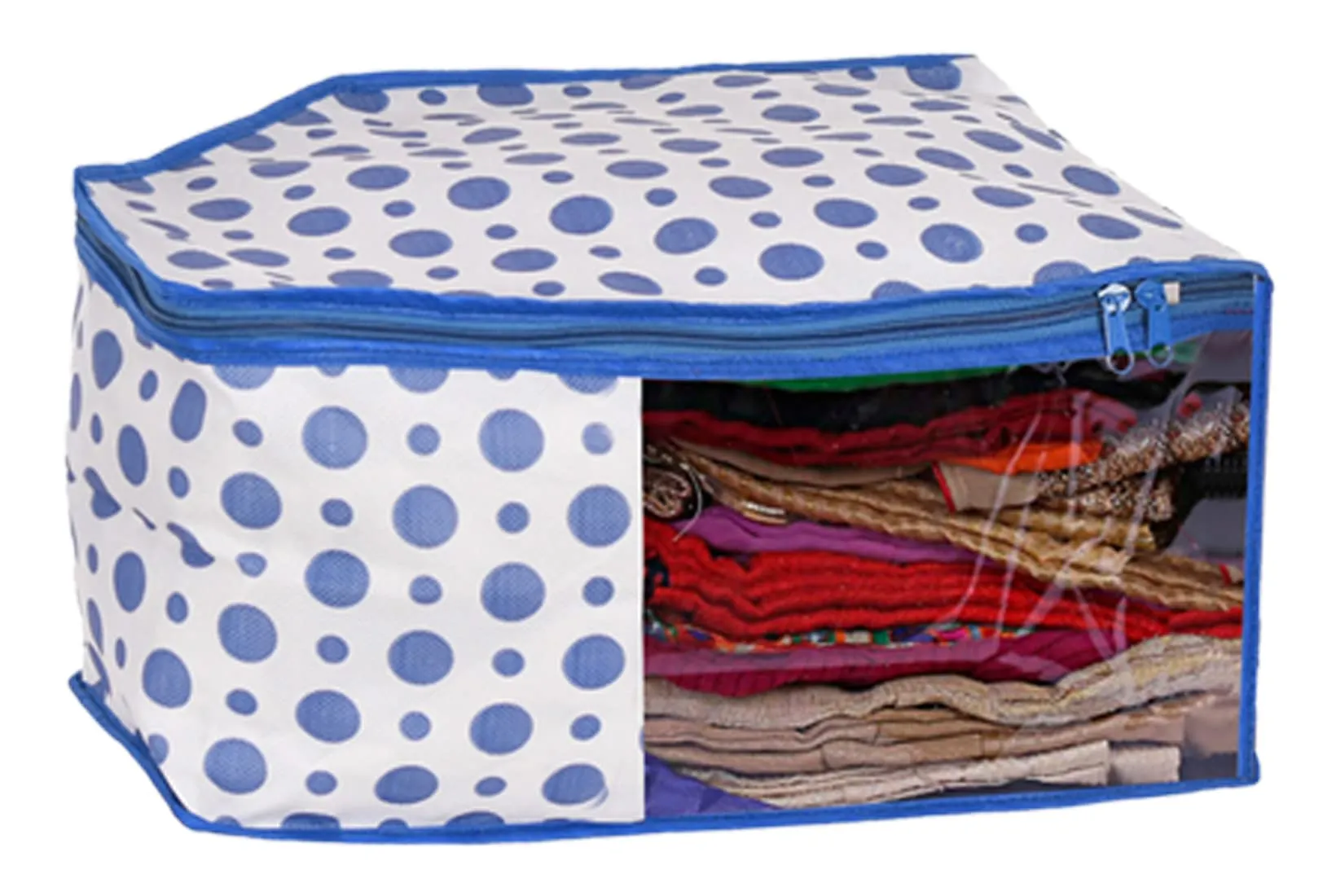 Heart Home Dot Printed Non-Woven Blouse Cover, Cloth Organizer, Wardrobe Organiser With Tranasparent Window- Pack of 3 (Blue)-46HH0306