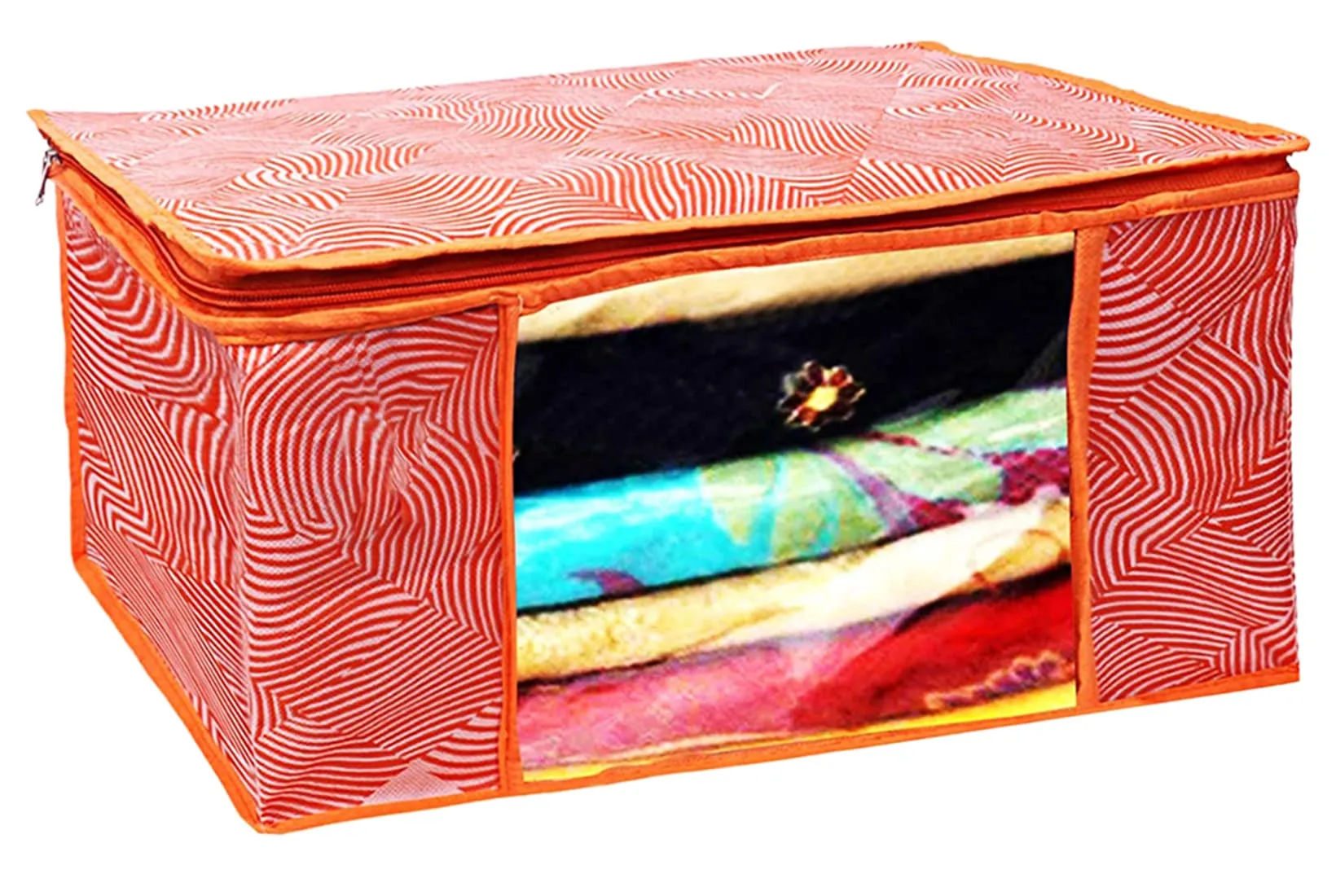 Heart Home Lahariya Design Non-woven Foldable Saree Cover/Clothes Storage Bag/Wardrobe Organizer With Transparent Window- Pack of 9 (Orange)-44HH0381