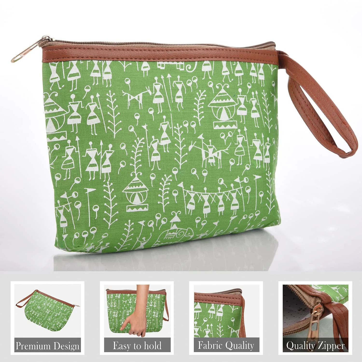 Heart Home Toiletry Pouch|Warli Print Travel Cosmetic Pouch|Canvas Waterproof Makeup Pouch with Handle (Green)