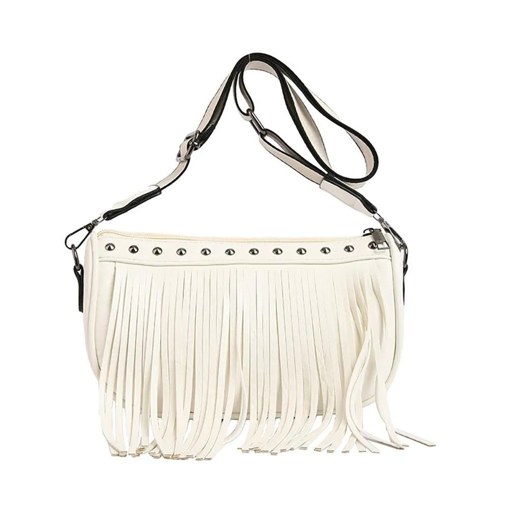 Ivory Vegan Leather Fringe Cross Body Bag