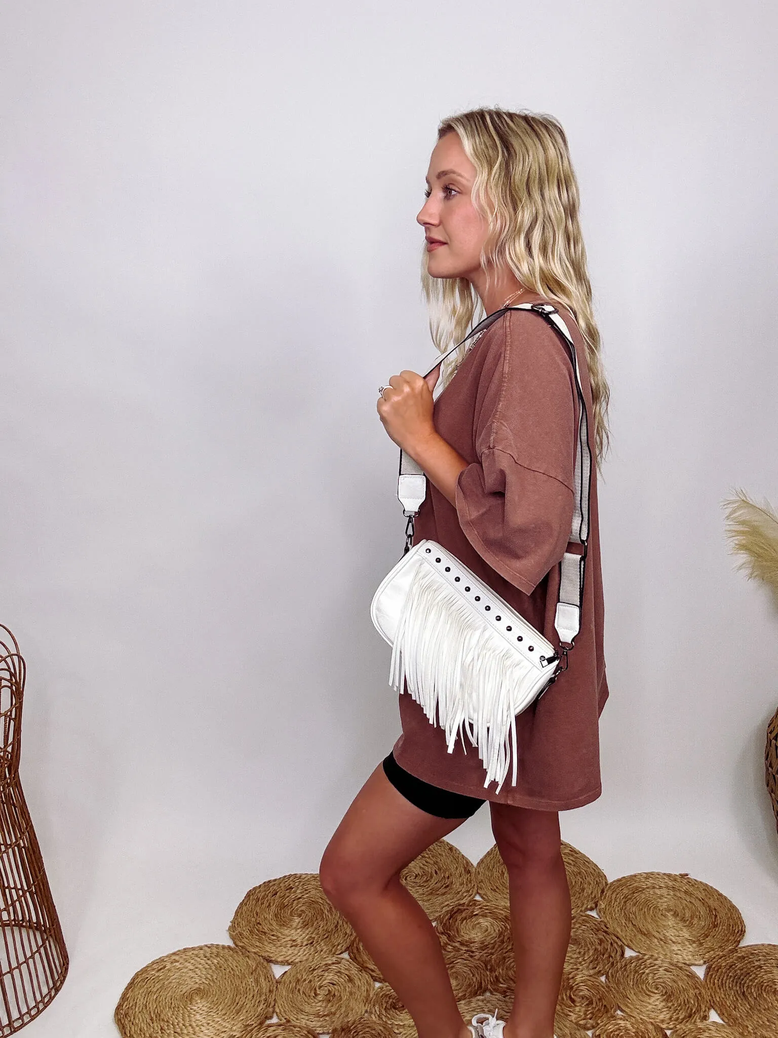 Ivory Vegan Leather Fringe Cross Body Bag