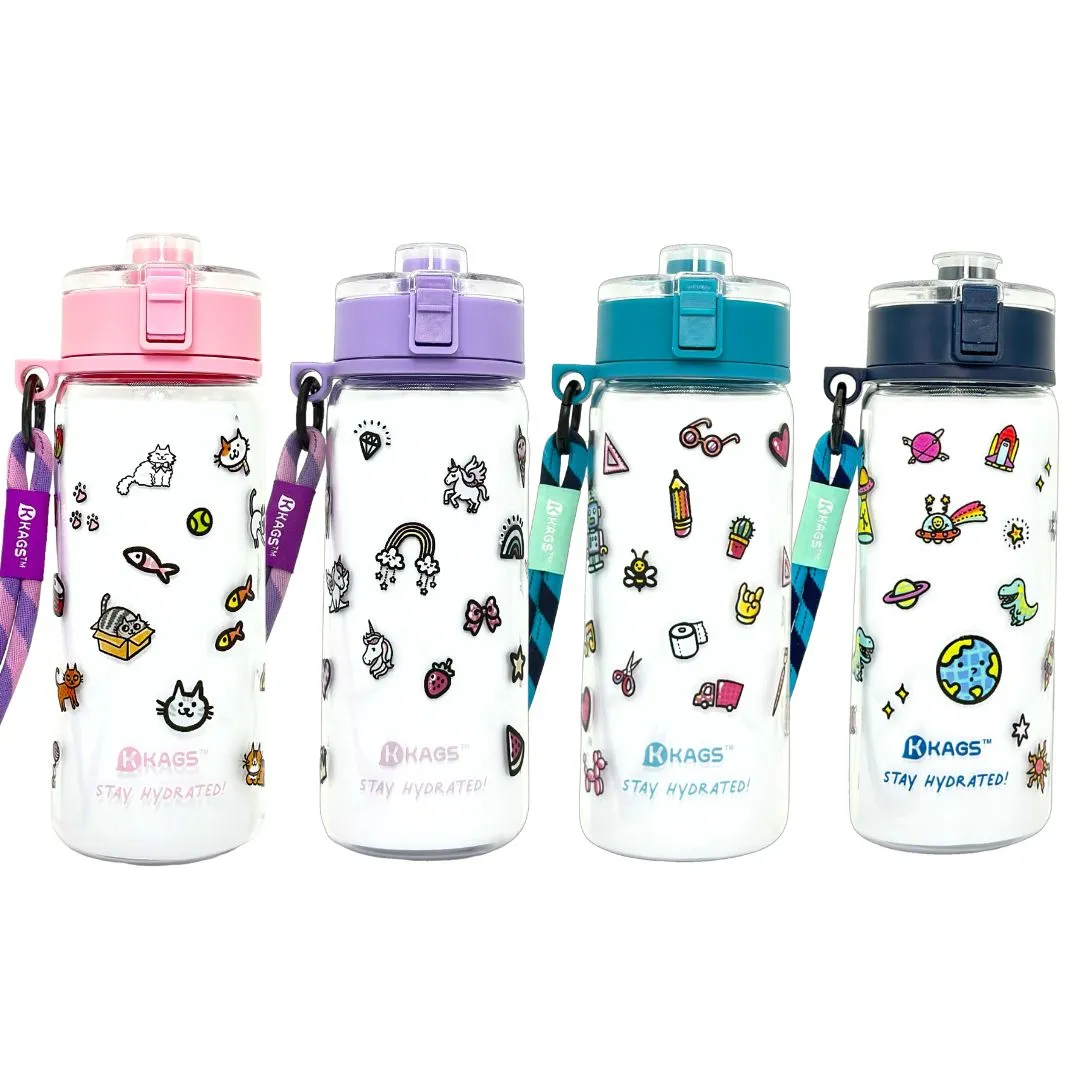 KAGS AQUARECHARGE Series Tritan 600ML Water Bottle w/ Crossbody Strap Cartoon Series