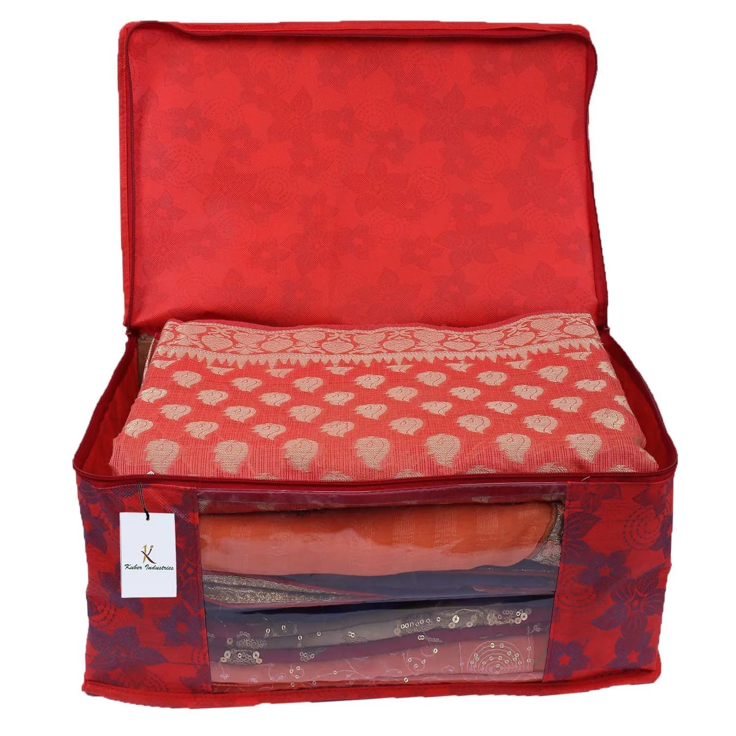 Kuber Industries Bandhani Design 3 Piece Cotton Saree Cover/Wardrobe Storage Organizer (Red) -CTKTC039016