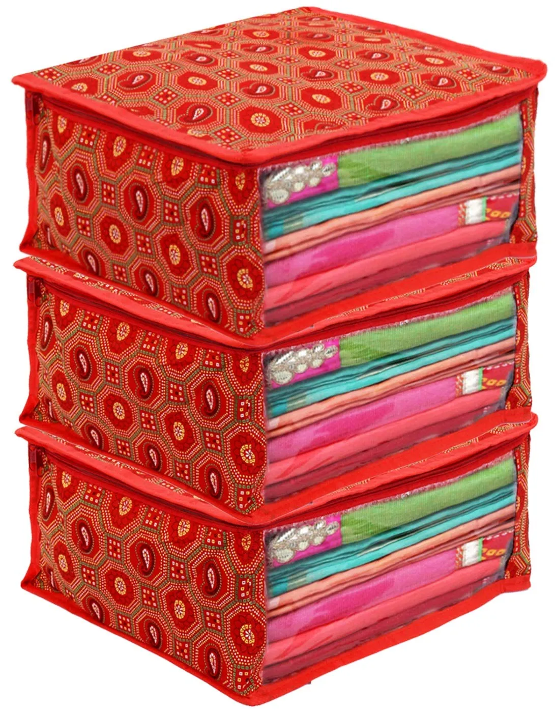 Kuber Industries Bandhani Design 3 Piece Cotton Saree Cover/Wardrobe Storage Organizer (Red) -CTKTC039016