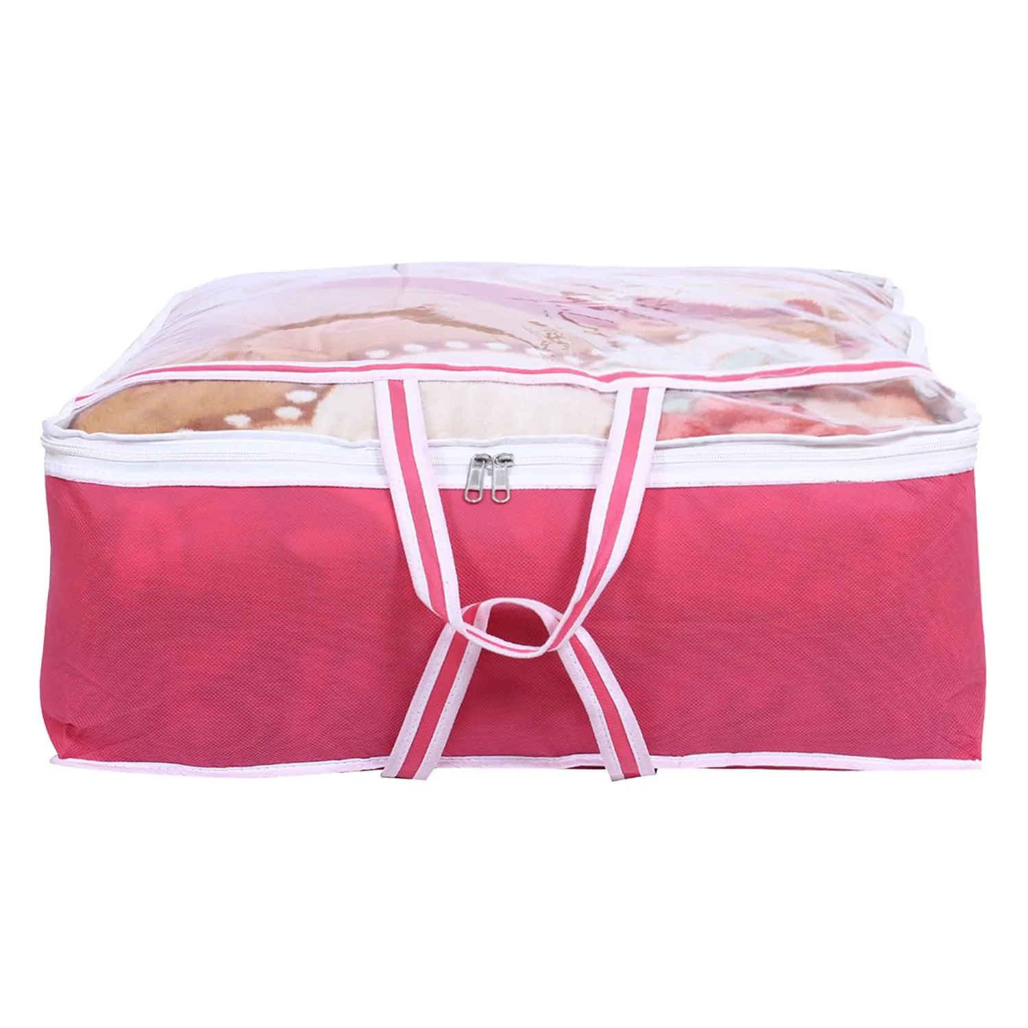 Kuber Industries Blanket Cover | Non-Woven Blanket Cover for Saree | Zipper Storage Bag for Clothes | Wardrobe Organizer with Top Transparent Window | Extra Large | Pack of 4 | Pink