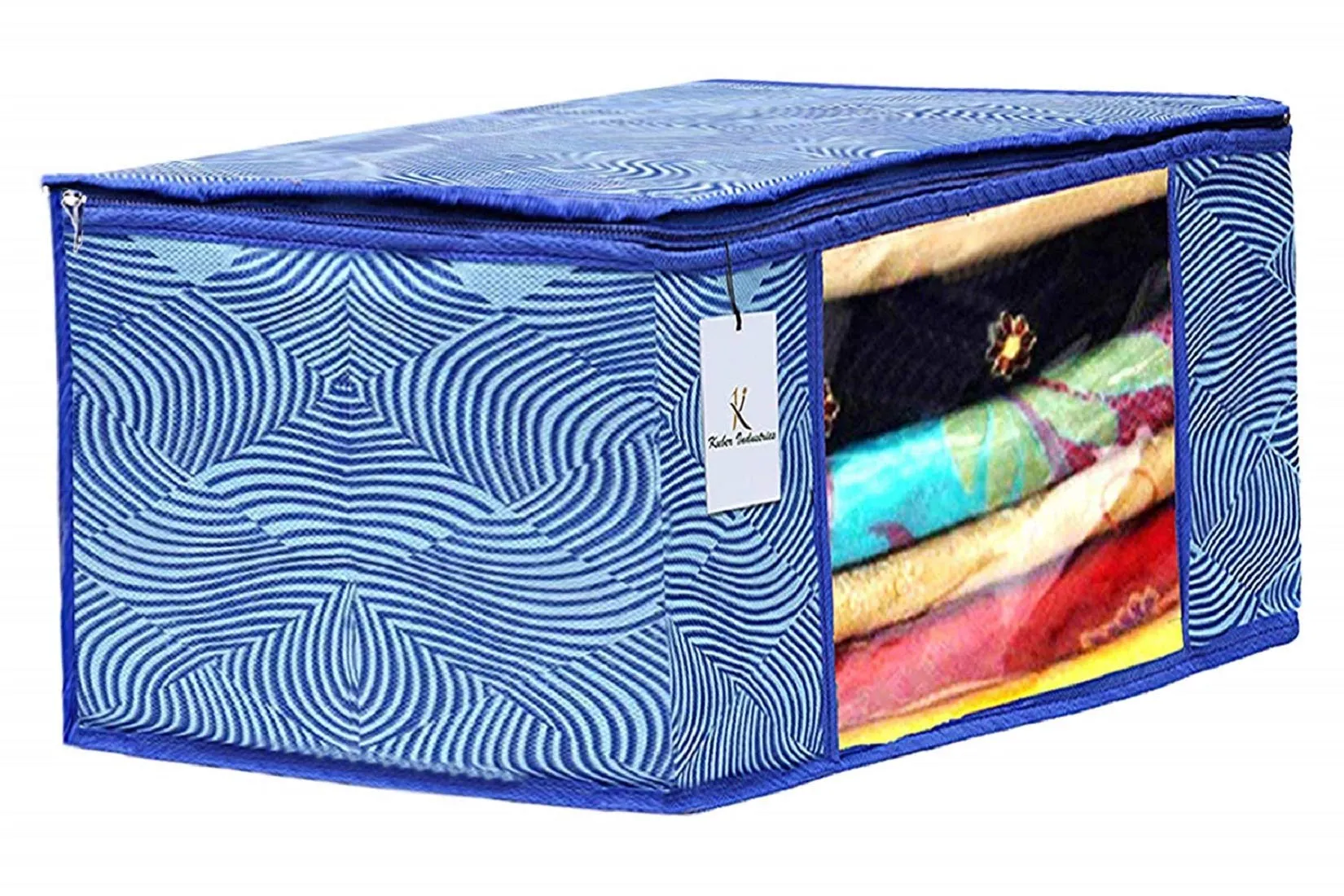 Kuber Industries Laheriya Printed Non Woven 2 Pieces Saree Cover and 2 Pieces Underbed Storage Bag, Cloth Organizer for Storage, Blanket Cover Combo Set (Blue) -CTKTC038680