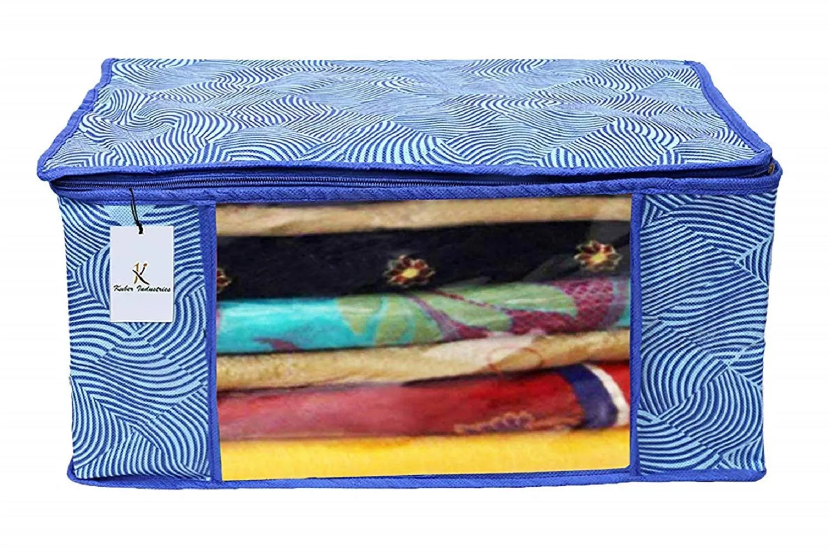 Kuber Industries Laheriya Printed Non Woven 2 Pieces Saree Cover and 2 Pieces Underbed Storage Bag, Cloth Organizer for Storage, Blanket Cover Combo Set (Blue) -CTKTC038680