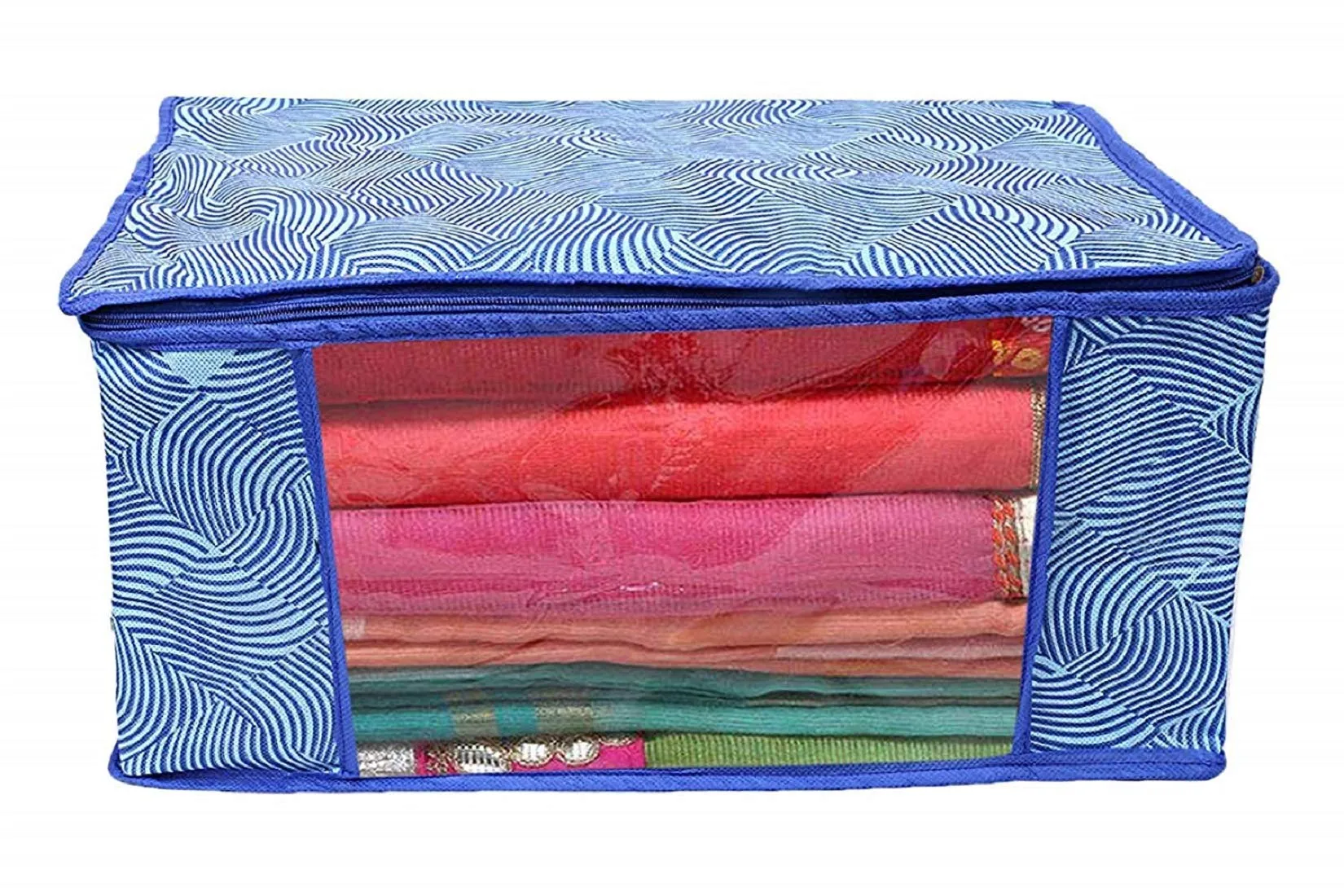 Kuber Industries Laheriya Printed Non Woven 2 Pieces Saree Cover and 2 Pieces Underbed Storage Bag, Cloth Organizer for Storage, Blanket Cover Combo Set (Blue) -CTKTC038680