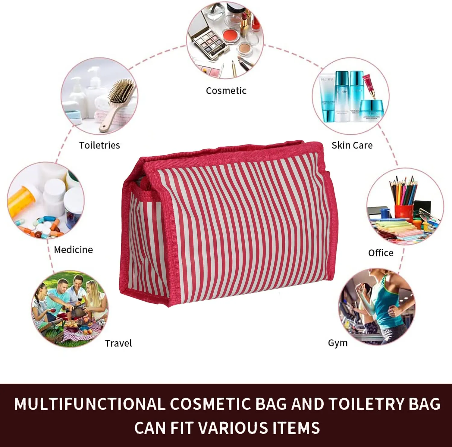 Kuber Industries Lining Print PVC Toiletry Bag for Home & Travelling with 3 Main Zipper Pack of 2 (Pink) 54KM4353