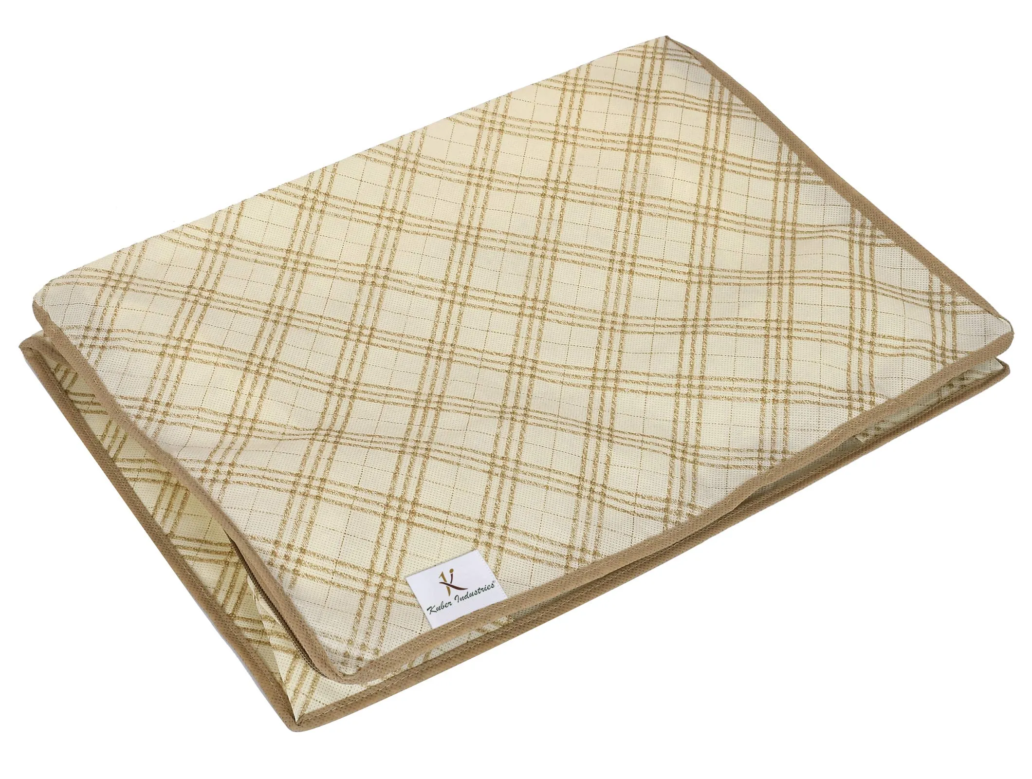 Kuber Industries Metalic Checkered Print Non-woven Foldable Saree Cover|Storage Bag/Wardrobe Organizer|Zipper Closer With Transparent Window|Size 46 x 32 x 22 CM|Pack of 3 (Ivory)-KUBMART16504, cotton