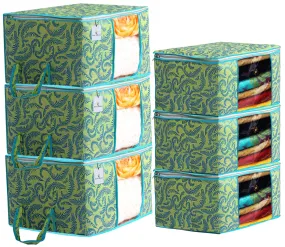 Kuber Industries Metallic Printed Non Woven 3 Pieces Saree Cover and 3 Pieces Underbed Storage Bag, Cloth Organizer for Storage, Blanket Cover Combo Set (Green) -CTKTC038527