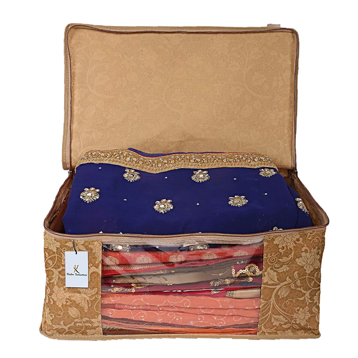 Kuber Industries Metallic Printed Non Woven 4 Pieces Saree Cover and 4 Pieces Underbed Storage Bag, Cloth Organizer for Storage, Blanket Cover Combo Set (Beige) -CTKTC038565