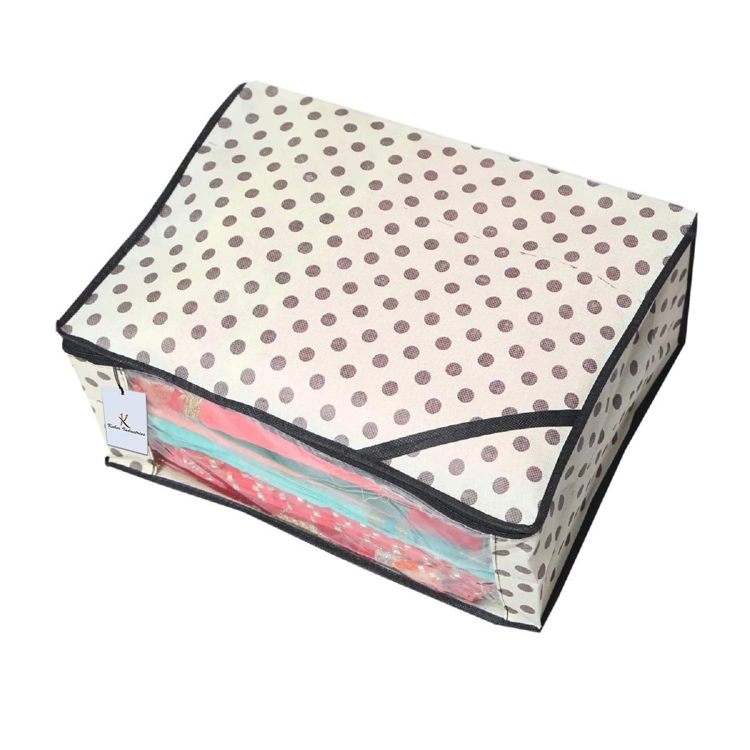 Kuber Industries Polka Dots Saree Cover/Regular Cloth Bag/Wardrobe Organizer Set of 3 Pcs (Ivory)