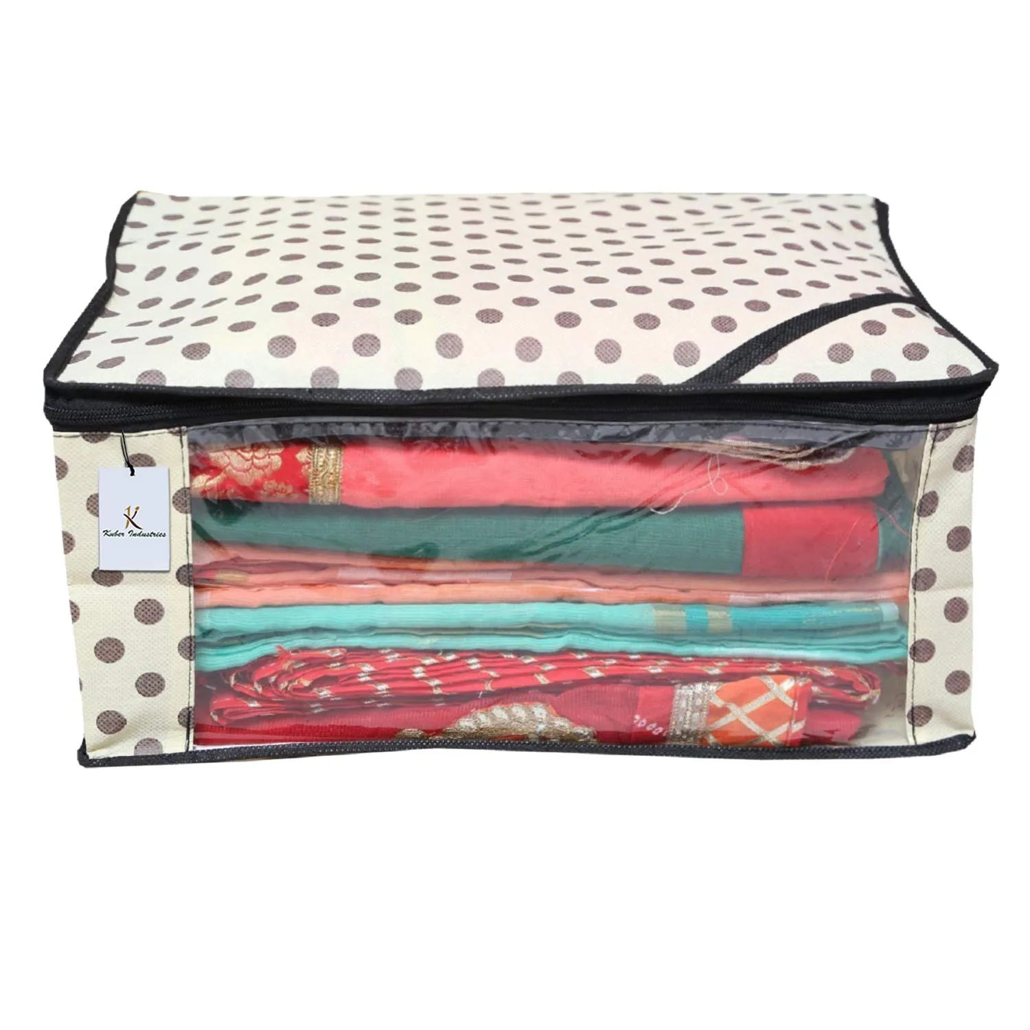 Kuber Industries Polka Dots Saree Cover/Regular Cloth Bag/Wardrobe Organizer Set of 3 Pcs (Ivory)