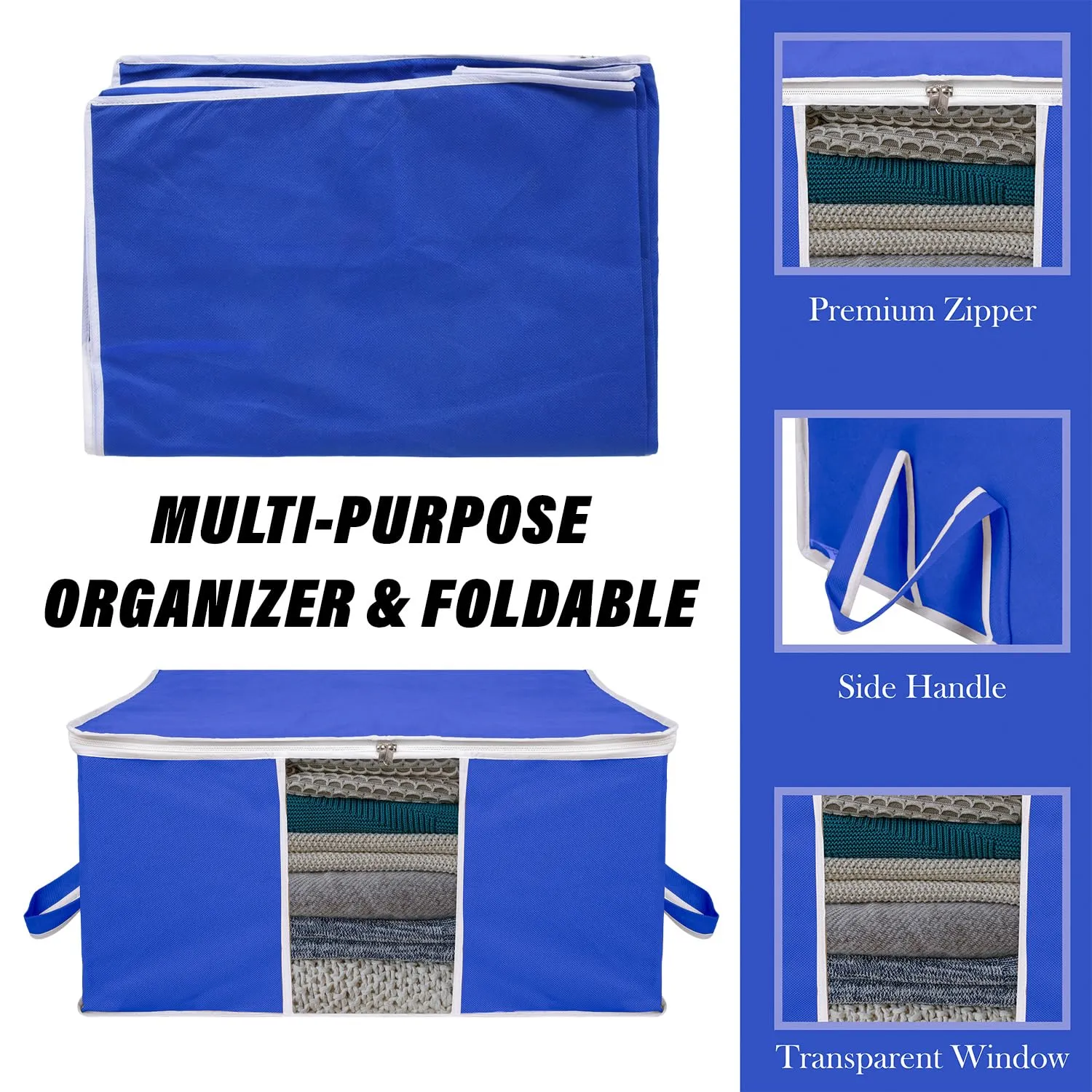 Kuber Industries Underbed Storage Bag | Clothes Storage Organizer | Blanket Cover with Clear Window | Zipper Closure & Handle Cloth Organizer | Plain White Border | Large | Pack of 4 | Royal Blue