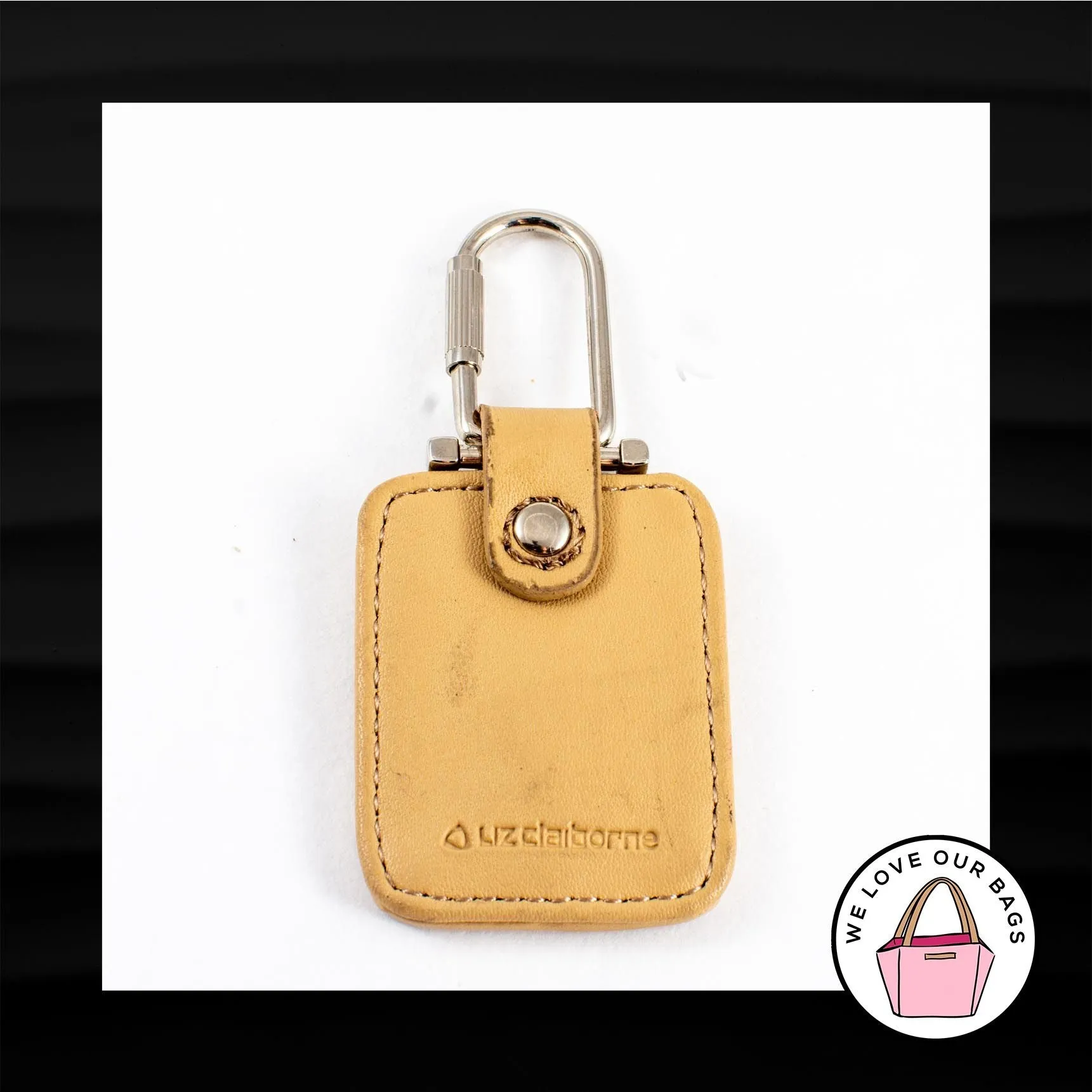 LIZ CLAIBORNE TAN IVORY LEATHER TWIST CLASP CLOSURE KEY FOB BAG KEYCHAIN HANGTAG