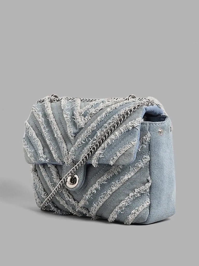 LOV Denim Striped Fringe Accent Sling Bag