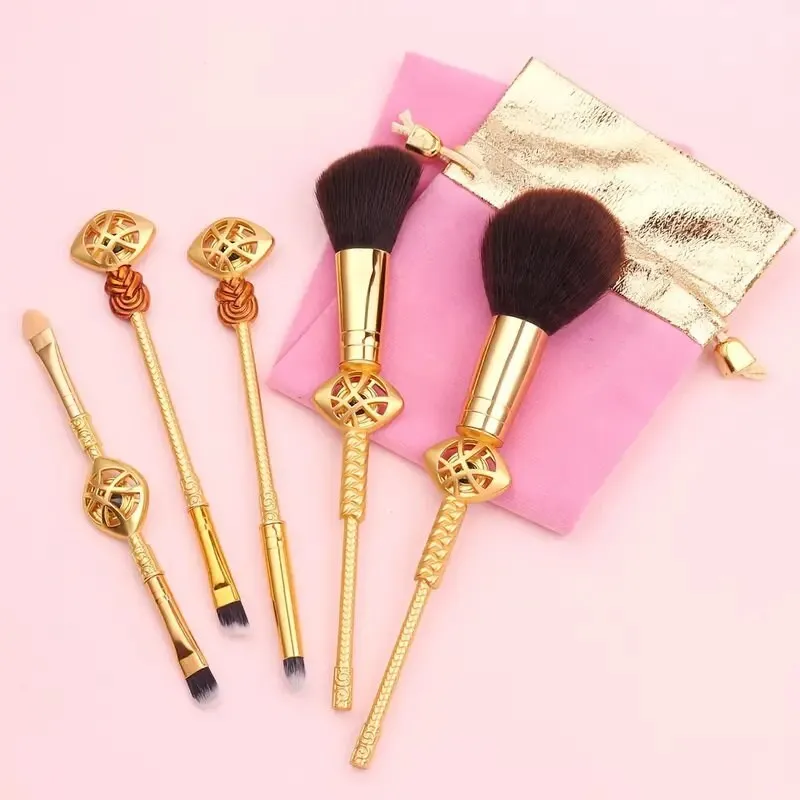 Makeup Brushes Set | 5pcs Cosmetic Makeup Brush Set Professional Tool Kit Set Drawstring Bag Included | Gold