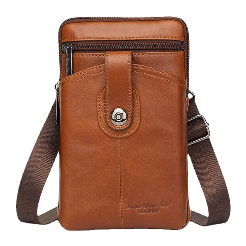 Men Genuine Leather Vintage Multifunctional 6.5 Inch Zipper Hasp Phone Bag Crossbody Waist