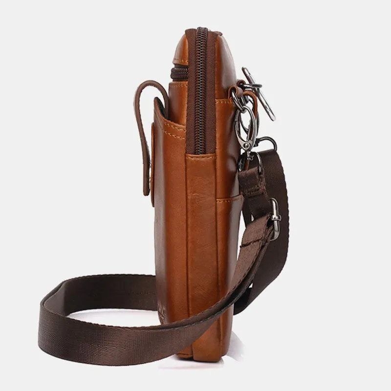 Men Genuine Leather Vintage Multifunctional 6.5 Inch Zipper Hasp Phone Bag Crossbody Waist