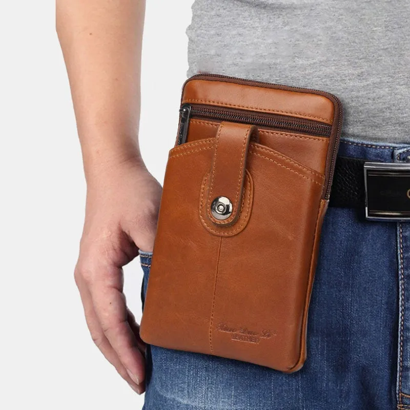 Men Genuine Leather Vintage Multifunctional 6.5 Inch Zipper Hasp Phone Bag Crossbody Waist