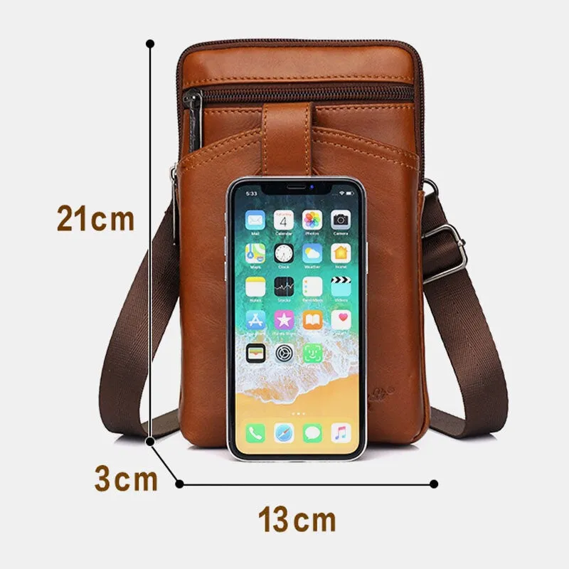 Men Genuine Leather Vintage Multifunctional 6.5 Inch Zipper Hasp Phone Bag Crossbody Waist