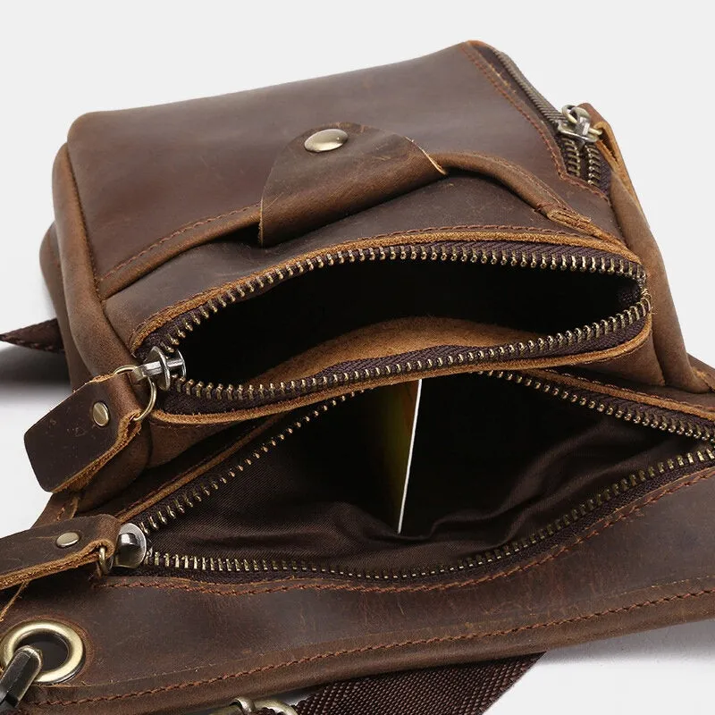 Men Retro Genuine Leather Multi-pocket Waist Bag Outdoor Sport 6.5 Inch Phone Zipper Crossbody Bags Shoulder