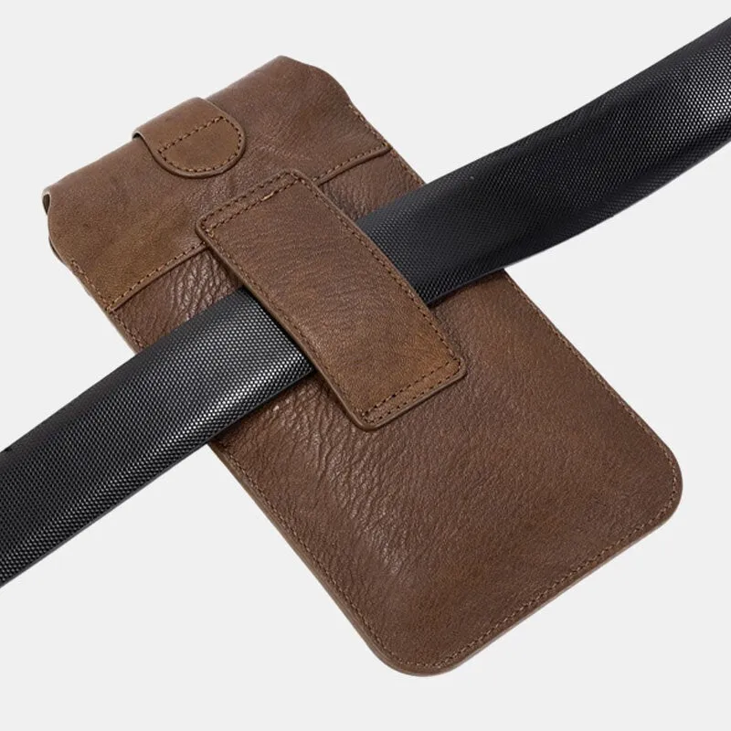 Men Vintage Genuine Leather Long Phone Bag Belt Waist