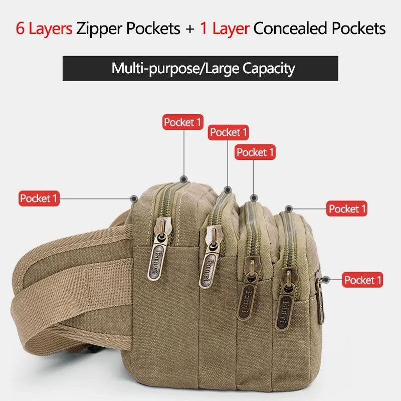 Men Waterproof Multi-pocket Waist Bag Canvas Large Capacity Multi-purpose Phone Chest Crossbody Shoulder