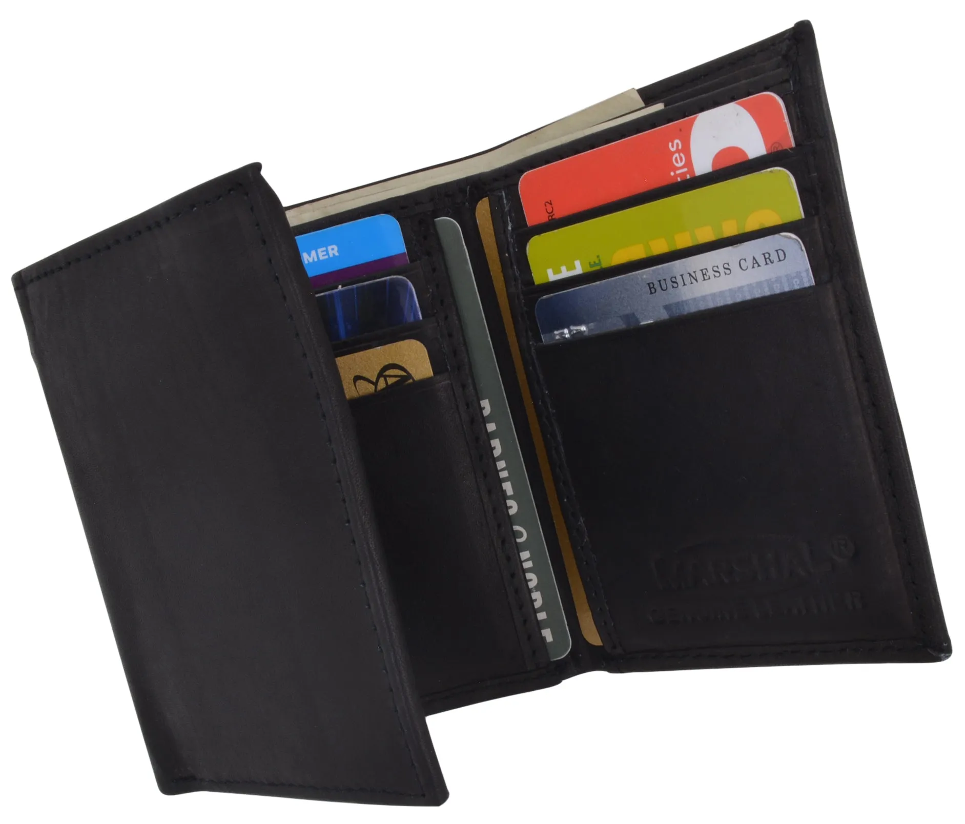 Mens Black Solid Cow Leather Tri-Fold Casual Dress Heavy Duty Wallet