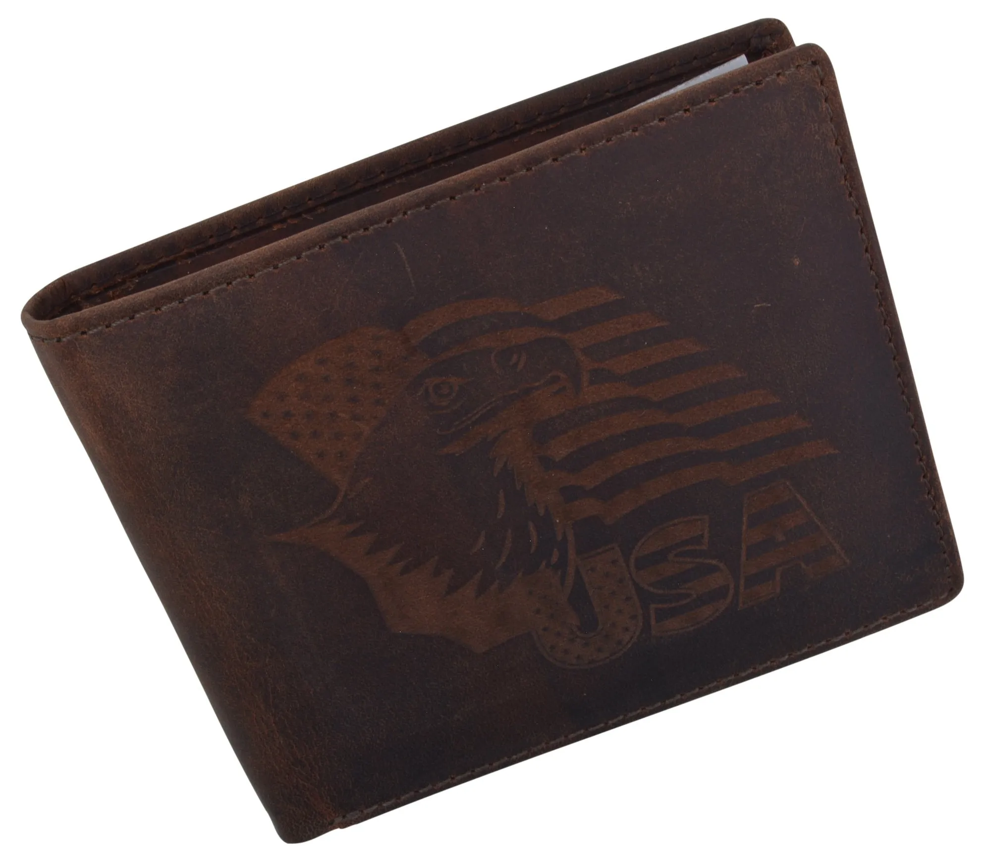 Men's Cowhide Leather USA Flag Eagle Logo RFID Bifold Wallet /53HTC Eagle Flag