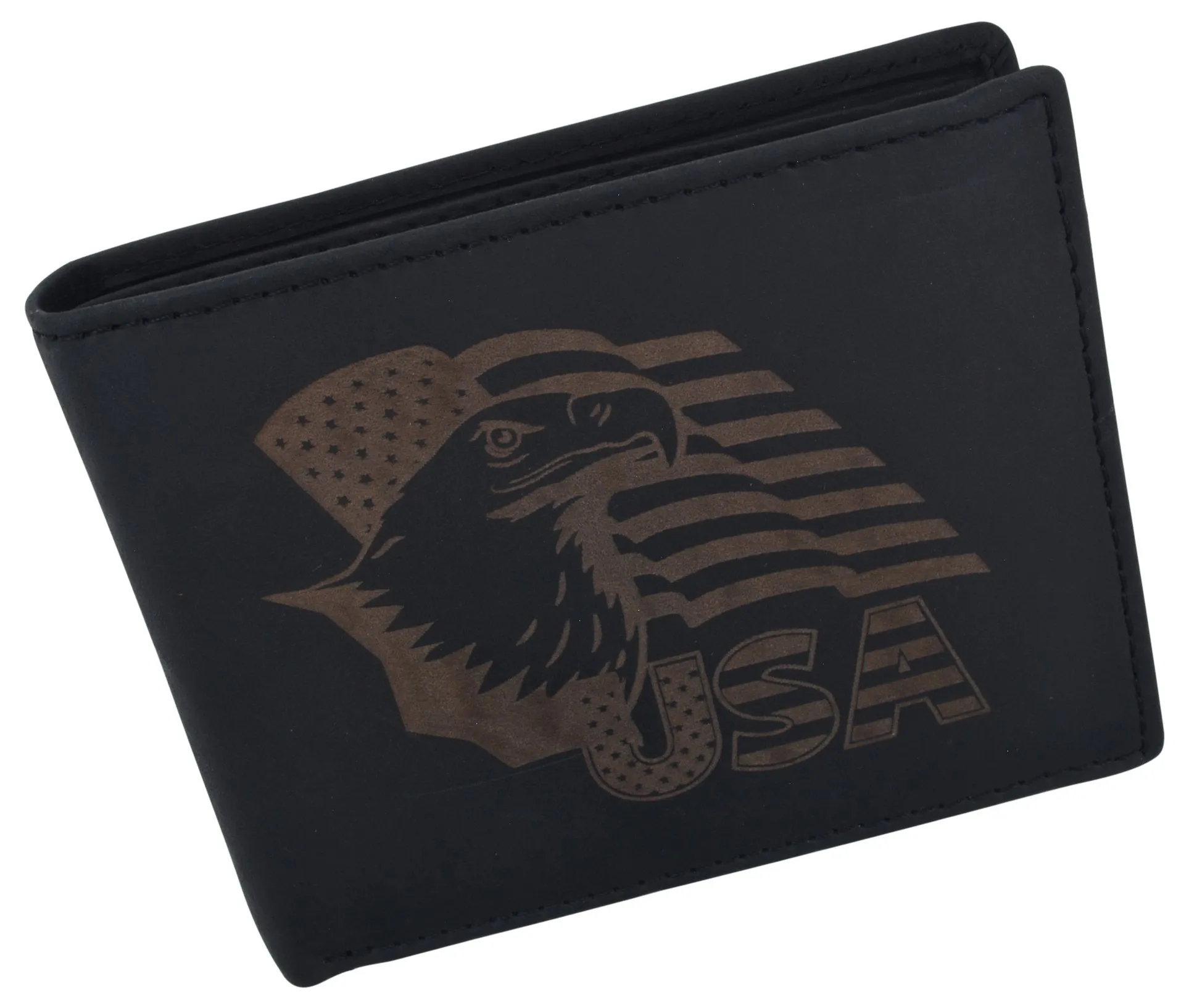 Men's Cowhide Leather USA Flag Eagle Logo RFID Bifold Wallet /53HTC Eagle Flag