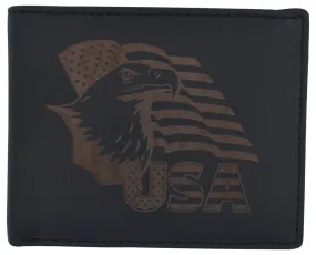 Men's Cowhide Leather USA Flag Eagle Logo RFID Bifold Wallet /53HTC Eagle Flag