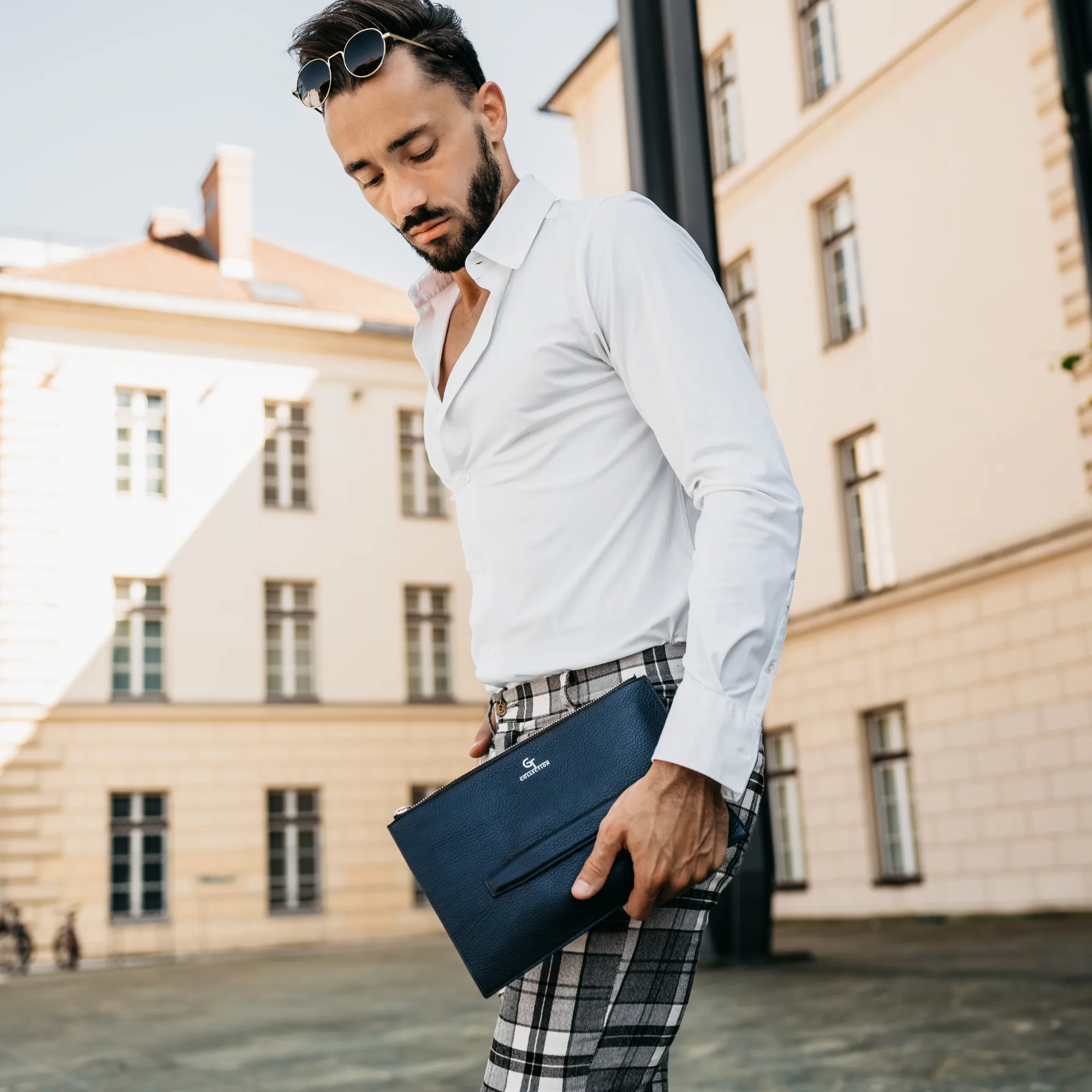 Men's Leather Hand Bag - Blue with golden details