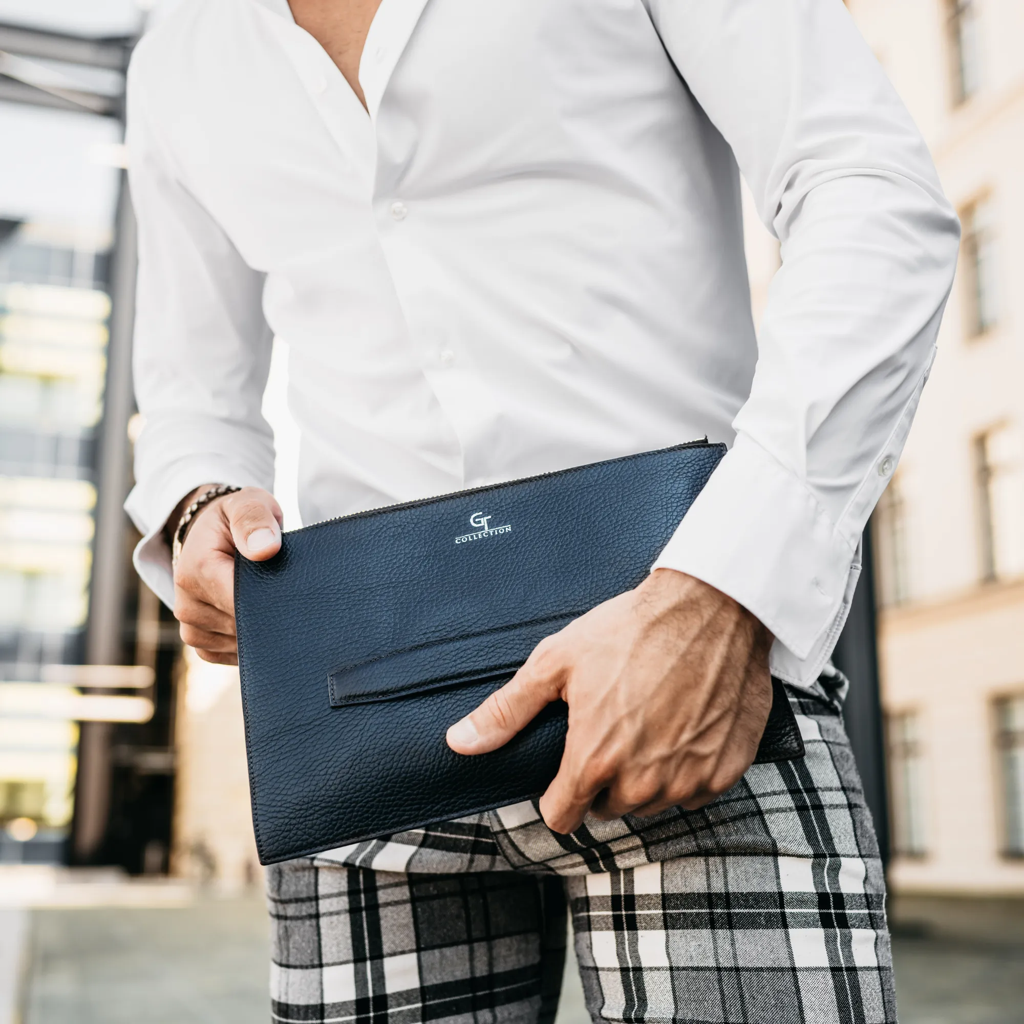 Men's Leather Hand Bag - Blue with golden details