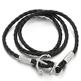 Mens Three-Lap Marine Anchor Wrap Bracelet Wristband with Nautical Sailor Leather Straps