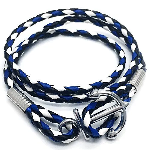 Mens Three-Lap Marine Anchor Wrap Bracelet Wristband with Nautical Sailor Leather Straps