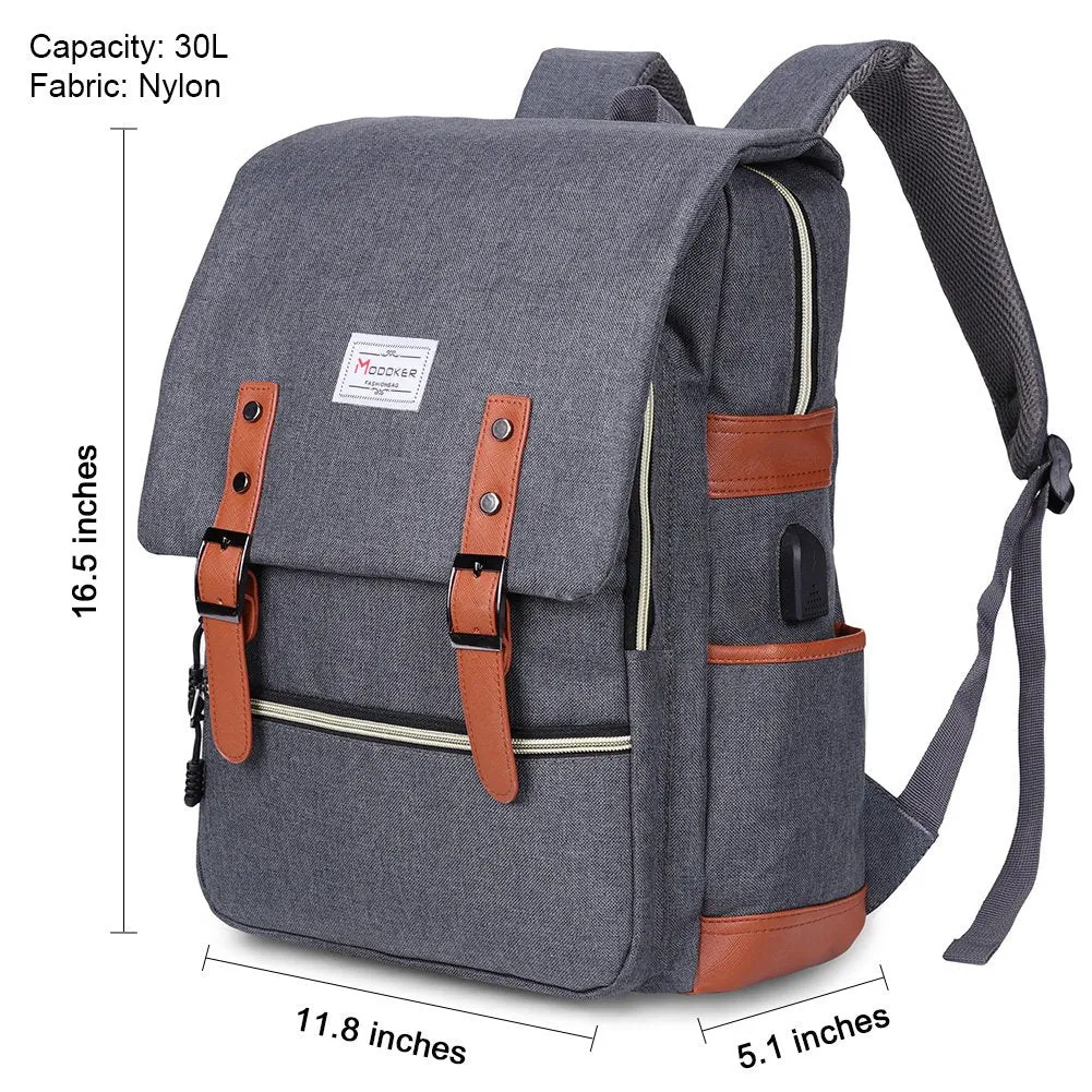 Modoker Vintage Laptop Backpack for Women Men,School College Backpack with USB Charging Port Fashion Backpack Fits 15 inch Notebook (Grey)