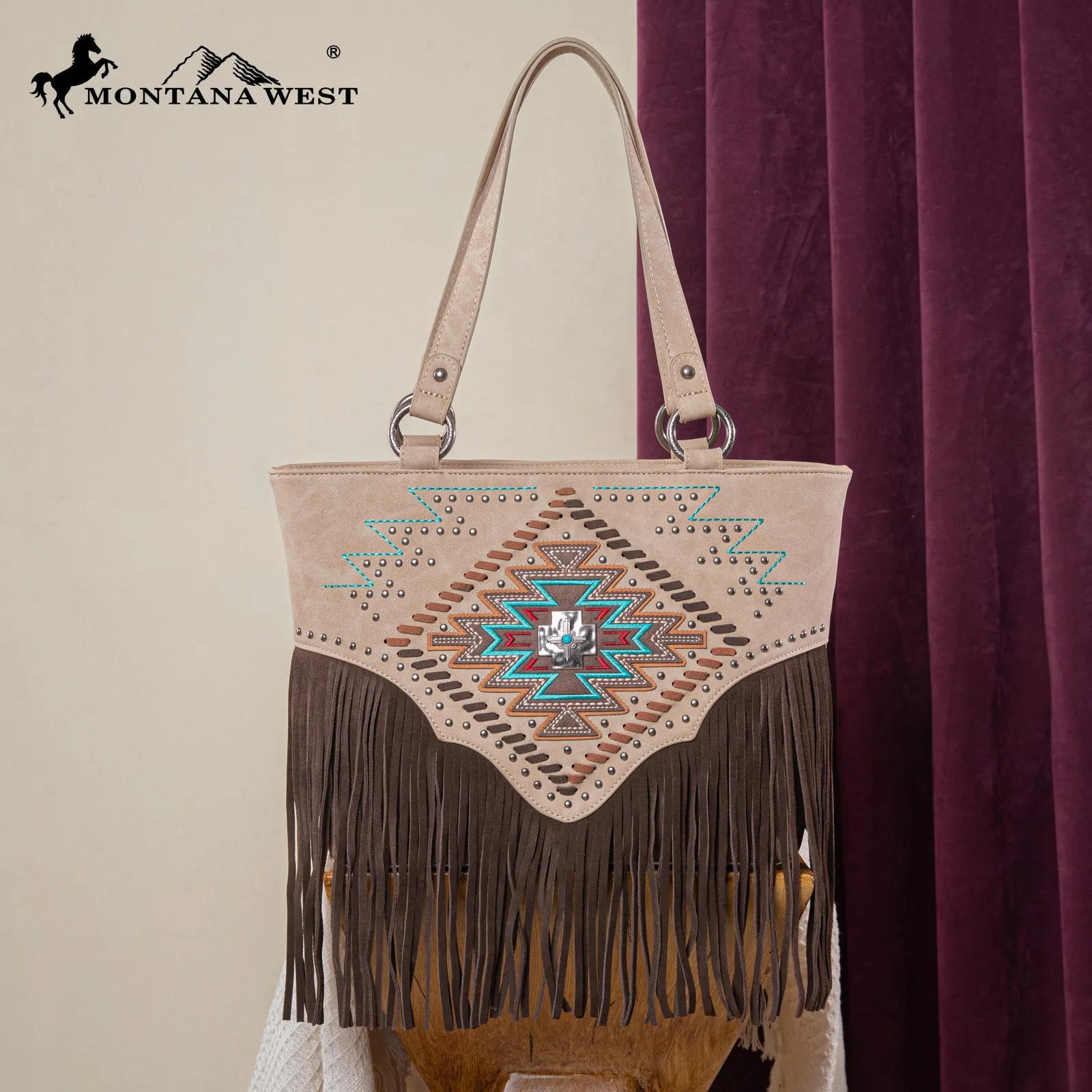 MW1315G-8317  Montana West Embroidered Collection Tote - Tan