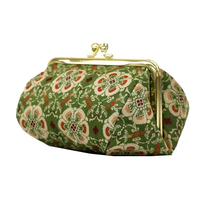 Nishijin-ori Small Pouch - Flower and Bird / Green -, Made in Kyoto, Japan, Cosmetic Pouch, Makeup Pouch, Japanese Gamaguchi Pouch, Travel Toiletry Pouch, Stationery Pouch, Bag organizer, Bag in Bag