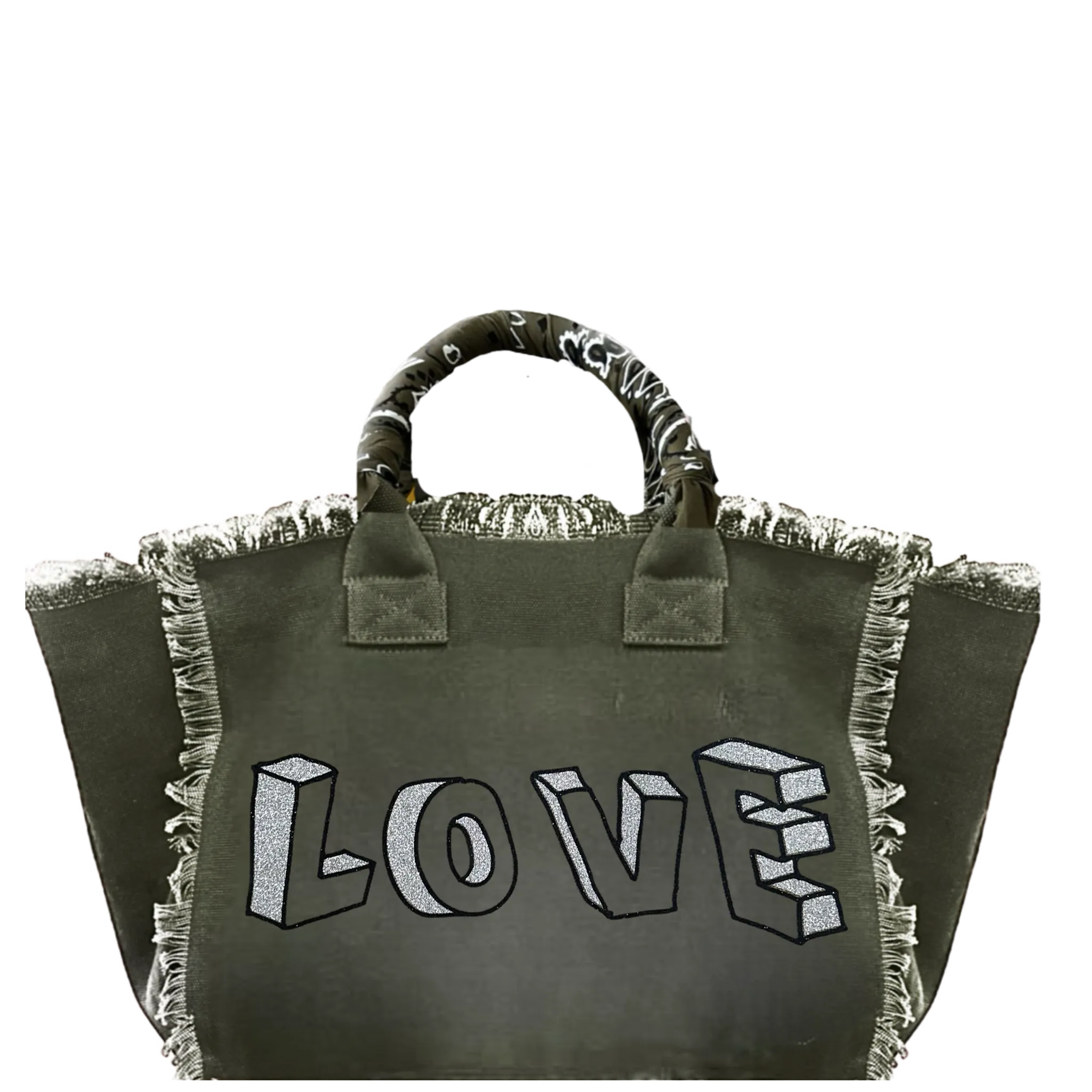 Olive Love Blocks Fringe Canvas Bag