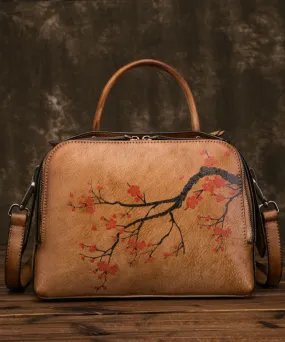 Organic Yellow Brown Floral Paitings Calf Leather Messenger Bag