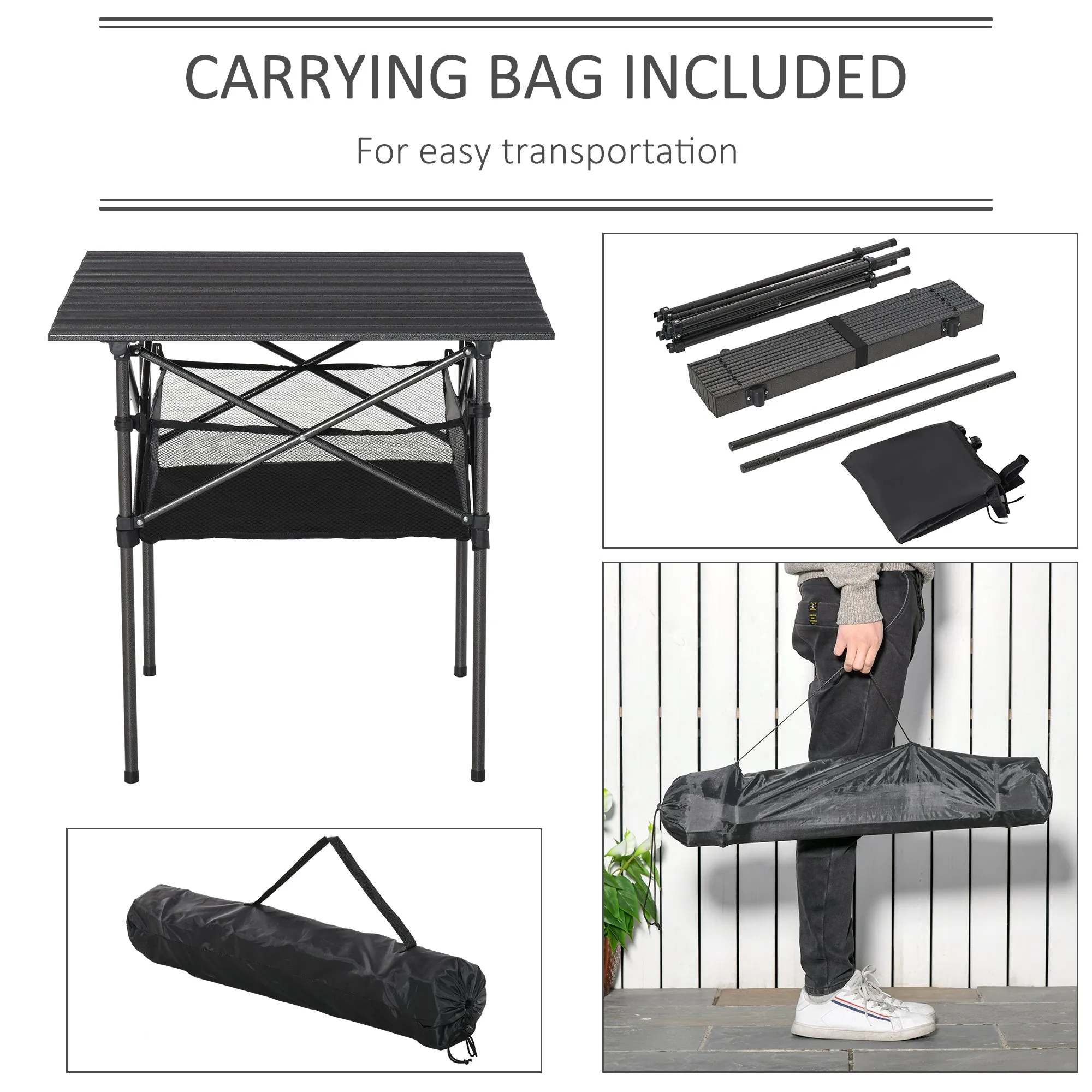 Outsunny Aluminum Camping Table Folding Table Picnic Table w/ Mesh  Bag, Black