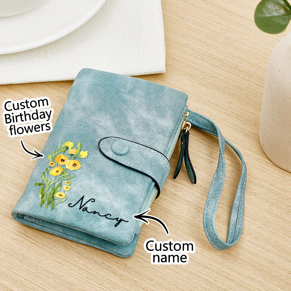 Personalized Name Colorful Birth Flower Wallet Card Holder Birthday Gift for her