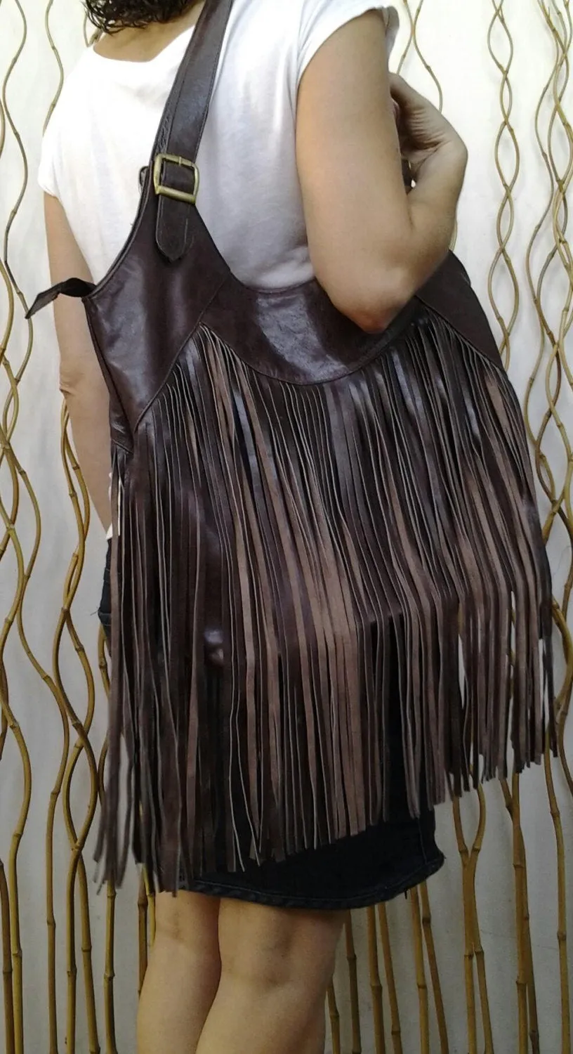 REDUCED PRICE!!! Big Fringe Dark Brown Leather Bag / Boho Chic