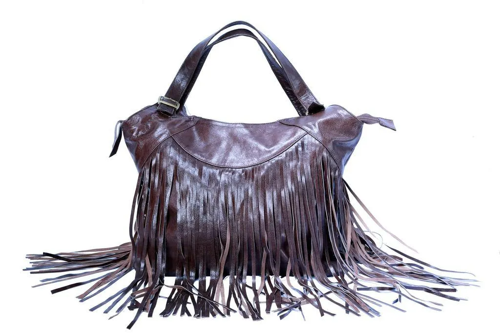 REDUCED PRICE!!! Big Fringe Dark Brown Leather Bag / Boho Chic